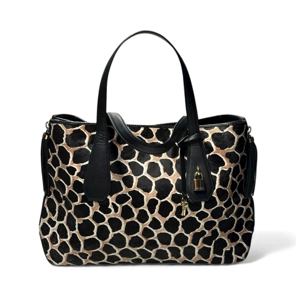 Henri Bendel Black and Tan Animal Print Pony Hair and Leather Tote Shoulder Bag